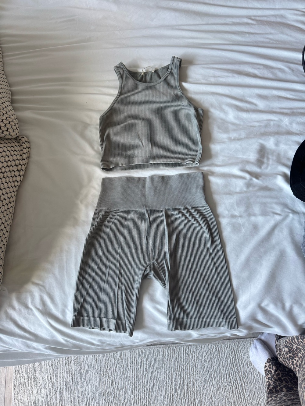 Ribbed Crop Tank & High Waist Biker Short Set - Sage Gray